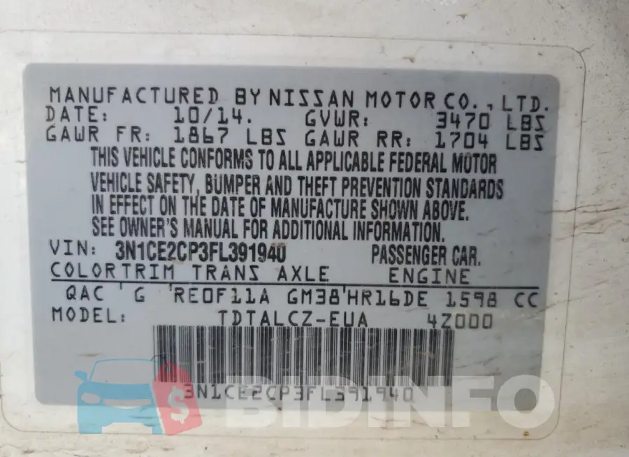 3N1CE2CP3FL391940 Photo# 12