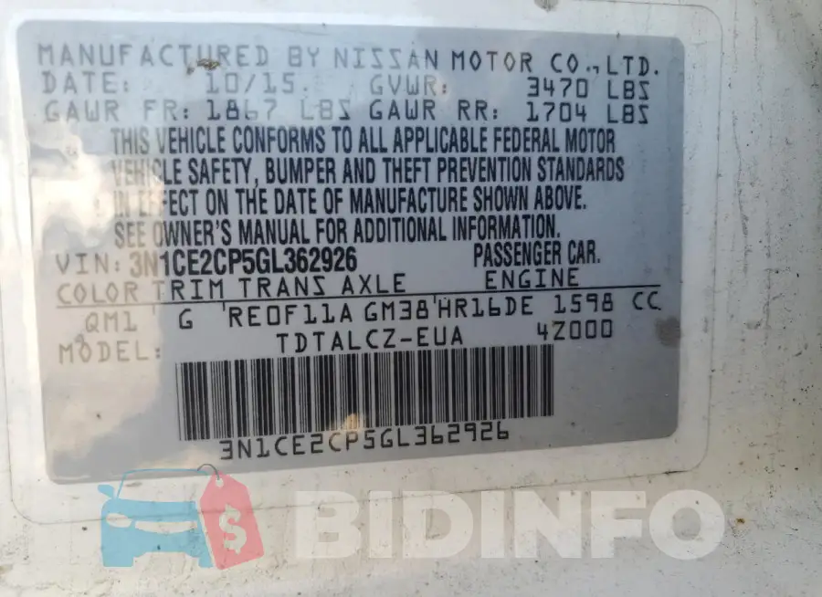 3N1CE2CP5GL362926 Photo# 13