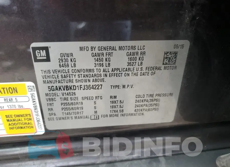 5GAKVBKD1FJ364227 Photo# 12
