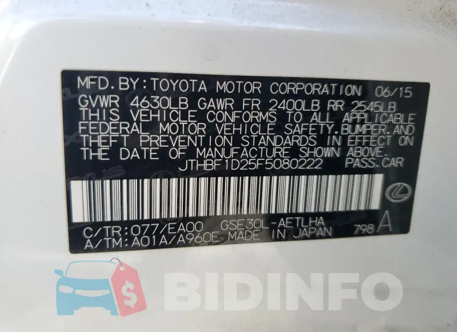 JTHBF1D25F5080222 Photo# 12