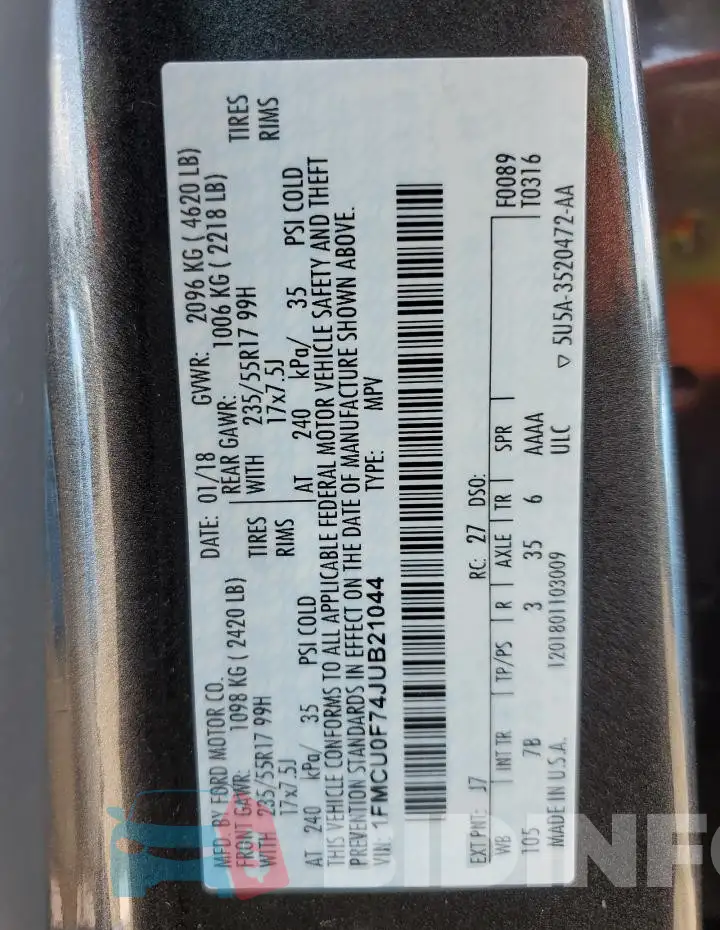 1FMCU0F74JUB21044 Photo# 13