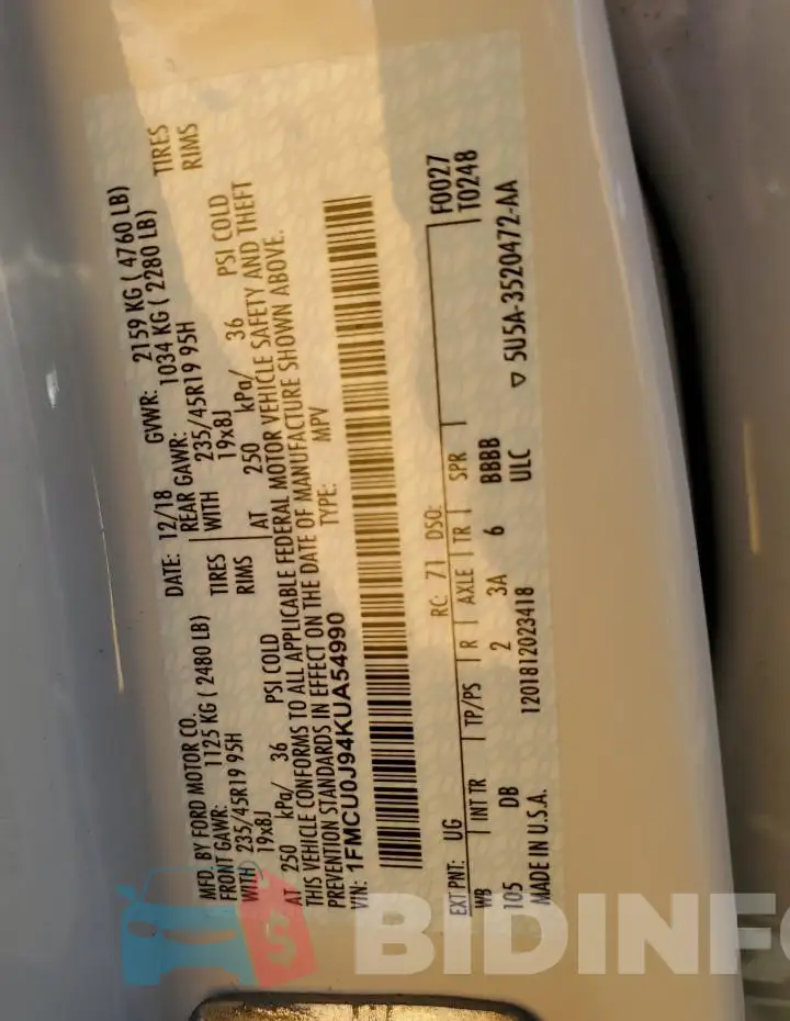 1FMCU0J94KUA54990 Photo# 12