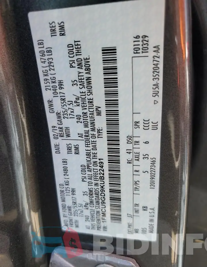 1FMCU9GD9KUB22491 Photo# 12