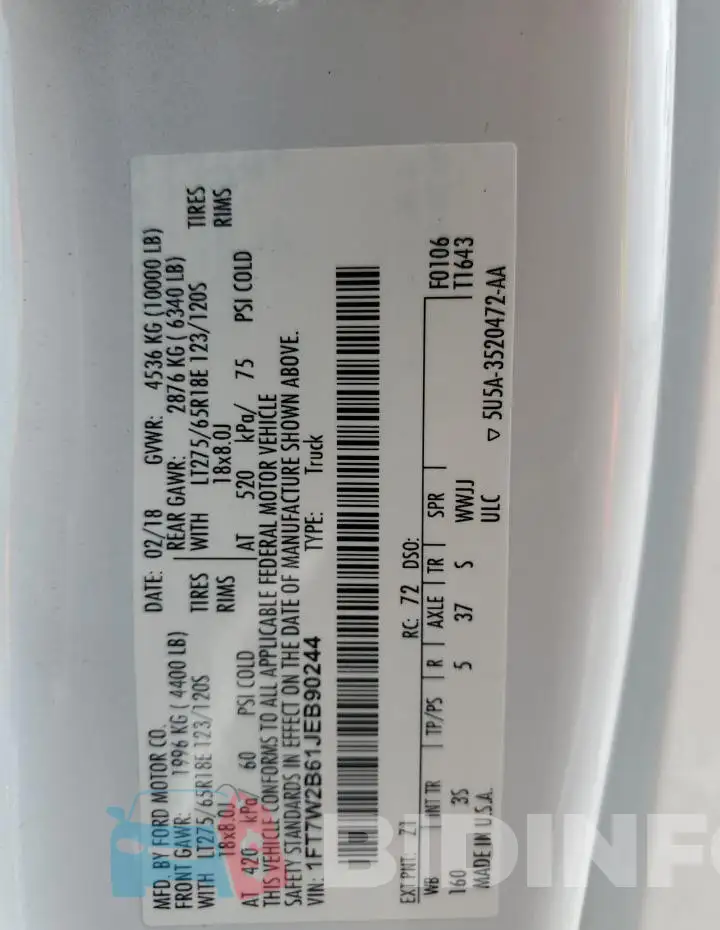 1FT7W2B61JEB90244 Photo# 12