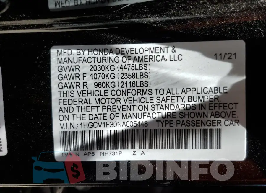 1HGCV1F30NA005448 Photo# 12