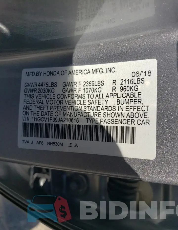 1HGCV1F39JA210616 Photo# 12