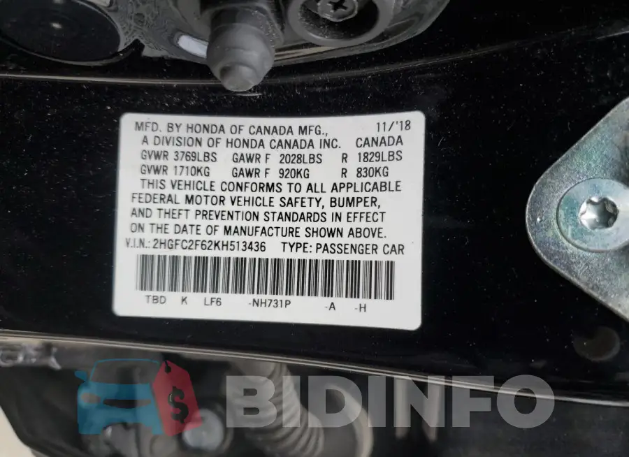 2HGFC2F62KH513436 Photo# 12
