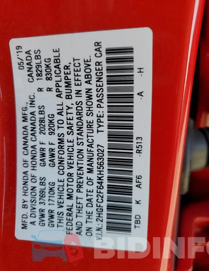 2HGFC2F64KH563027 Photo# 12