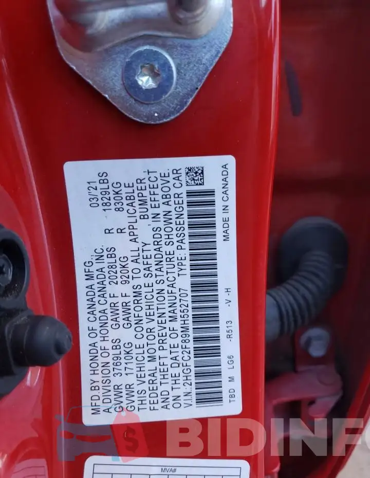 2HGFC2F89MH552707 Photo# 13