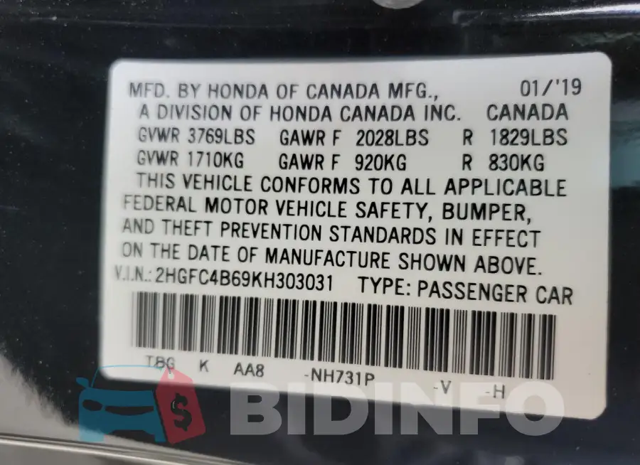 2HGFC4B69KH303031 Photo# 12