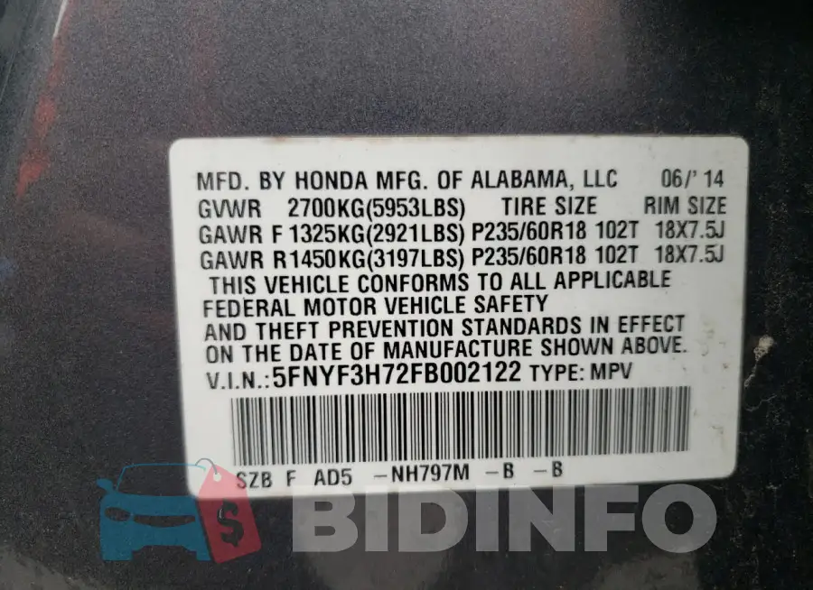 5FNYF3H72FB002122 Photo# 13