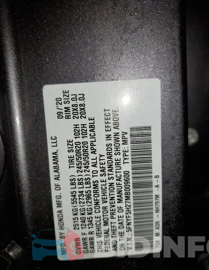 5FNYF5H27MB009600 Photo# 12