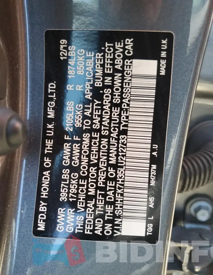 SHHFK7H35LU212733 Photo# 12