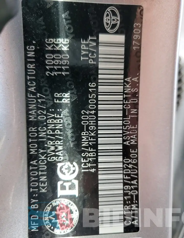 4T1BF1FK9HU400516 Photo# 13