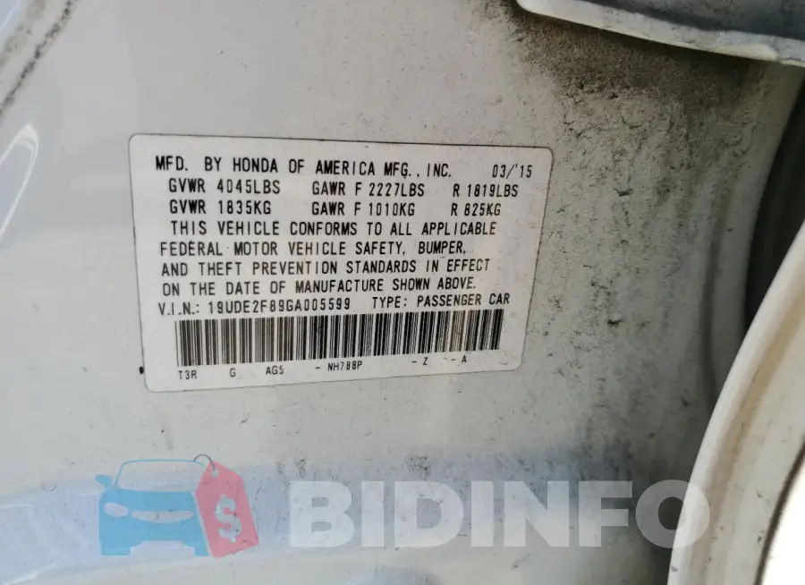 19UDE2F89GA005599 Photo# 13