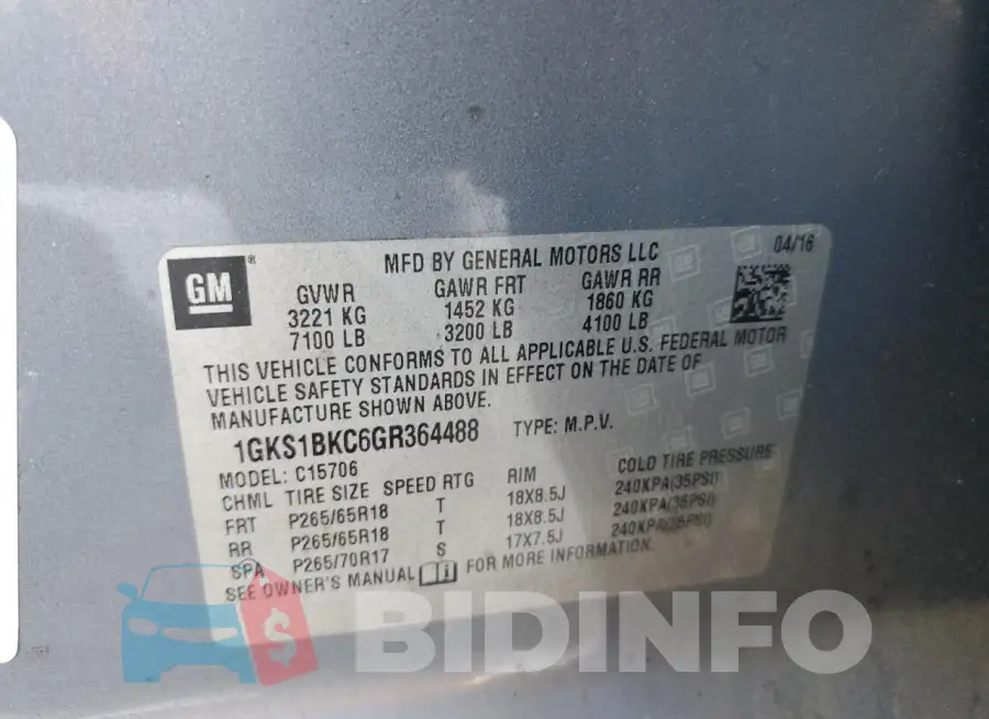 1GKS1BKC6GR364488 Photo# 13