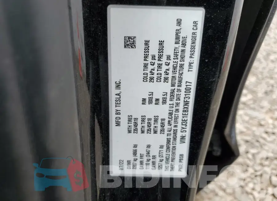 5YJ3E1EBXNF310017 Photo# 13