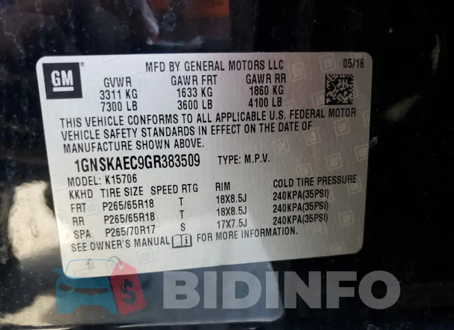 1GNSKAEC9GR383509 Photo# 13
