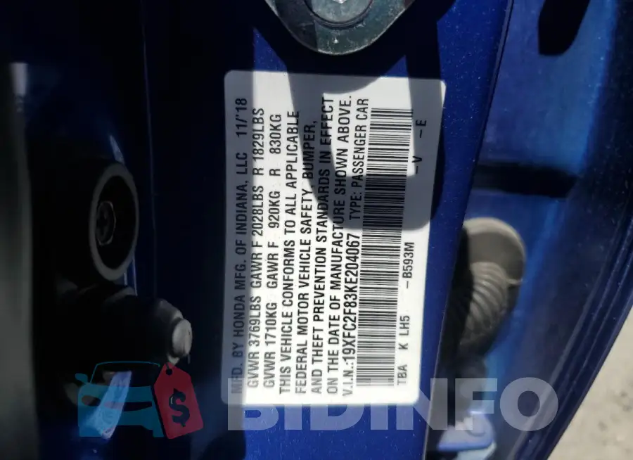 19XFC2F83KE204067 Photo# 12