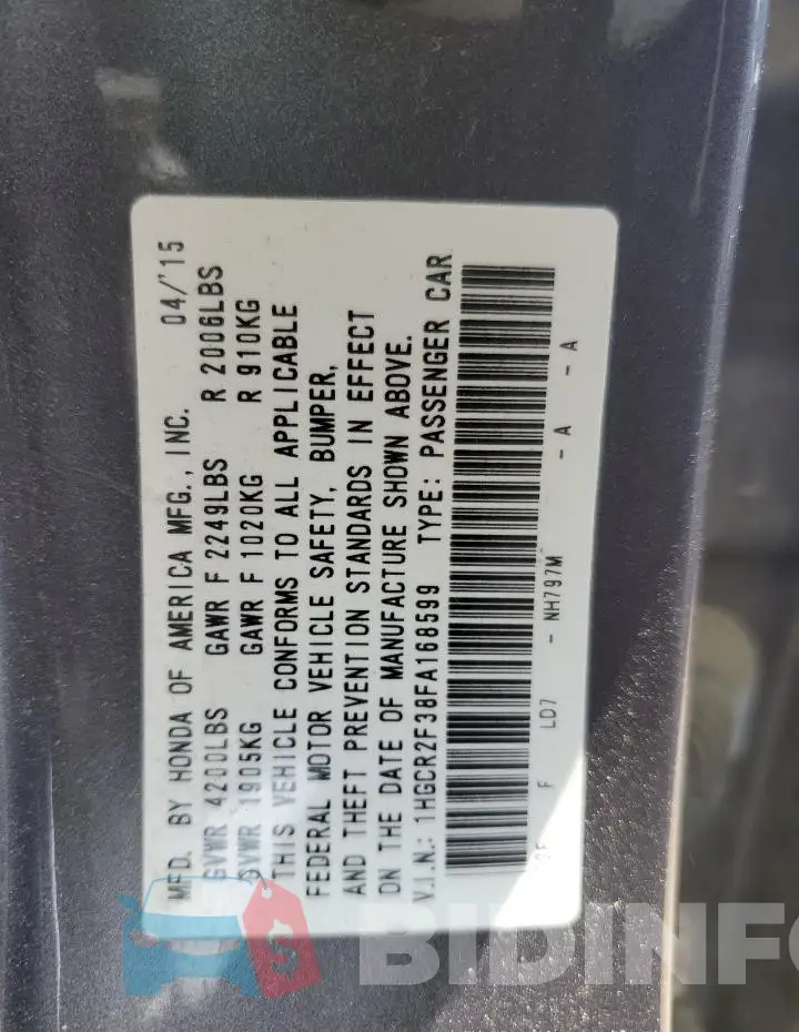 1HGCR2F38FA168599 Photo# 12