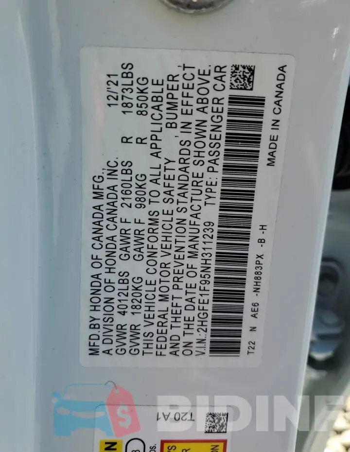 2HGFE1F95NH311239 Photo# 13