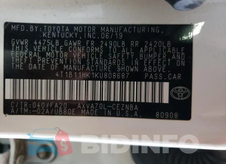 4T1B11HK1KU808687 Photo# 12