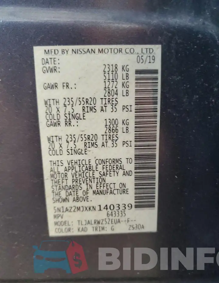 5N1AZ2MJXKN140339 Photo# 13