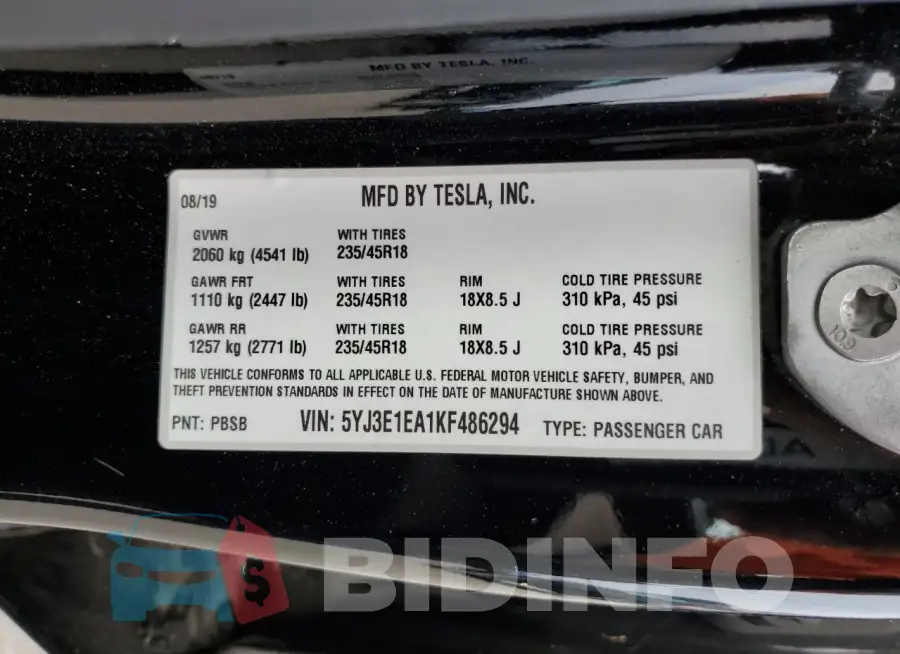 5YJ3E1EA1KF486294 Photo# 12