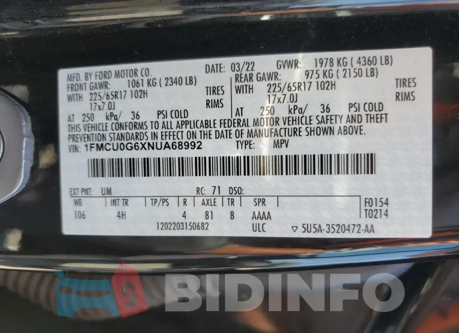 1FMCU0G6XNUA68992 Photo# 13