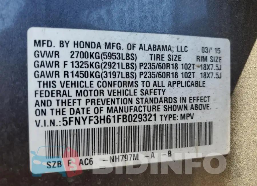 5FNYF3H61FB029321 Photo# 14