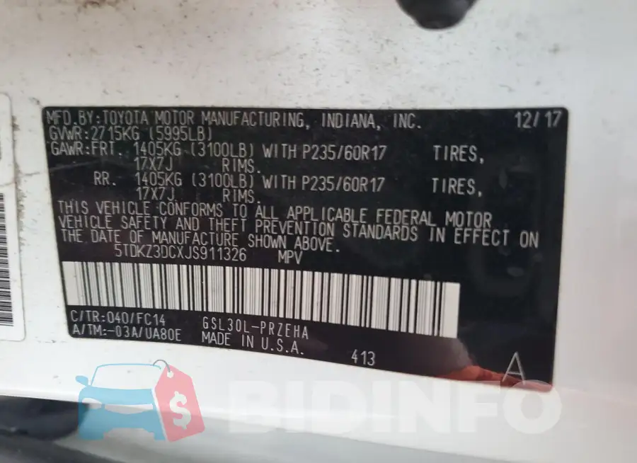 5TDKZ3DCXJS911326 Photo# 13