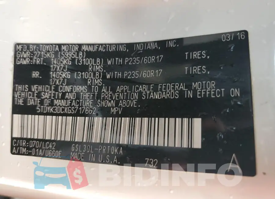 5TDYK3DCXGS717662 Photo# 13