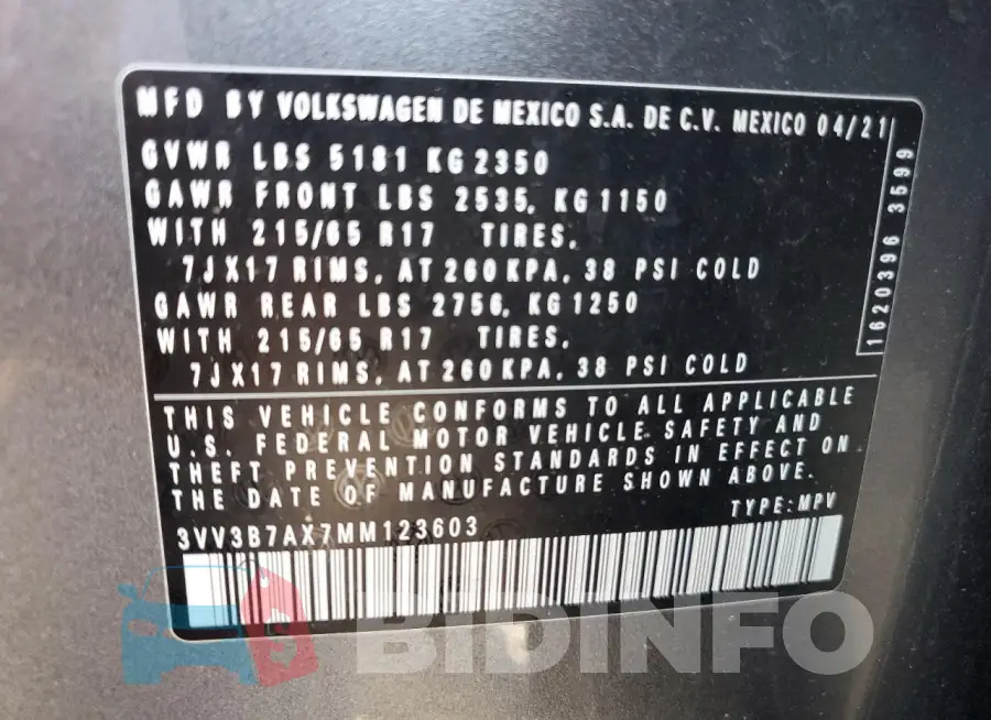 3VV3B7AX7MM123603 Photo# 14