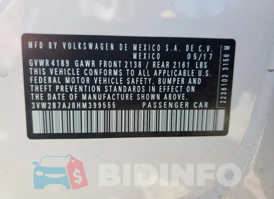 3VW2B7AJ8HM399555 Photo# 12