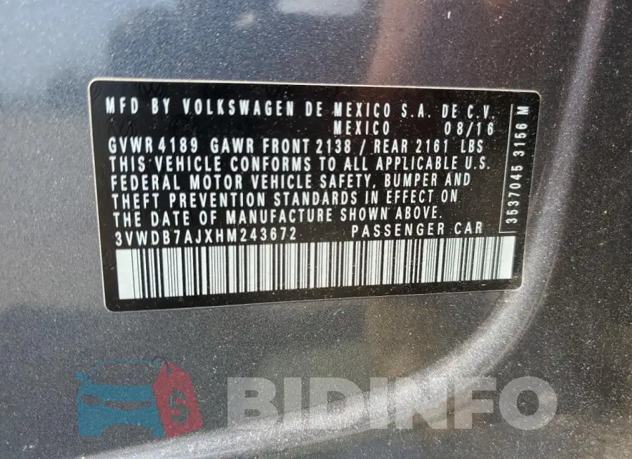 3VWDB7AJXHM243672 Photo# 12