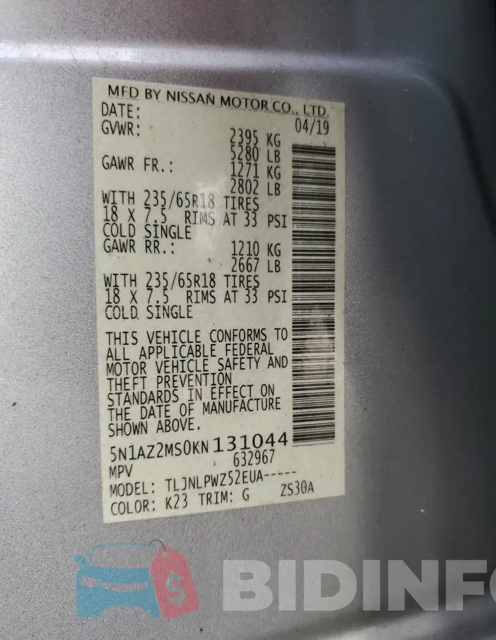 5N1AZ2MS0KN131044 Photo# 13