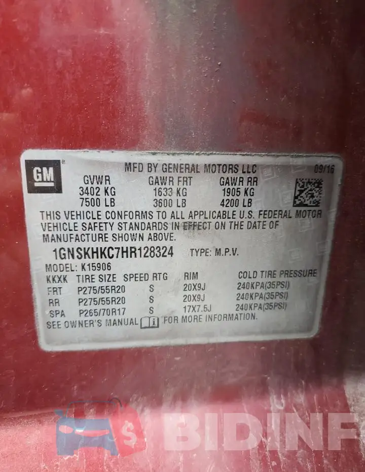 1GNSKHKC7HR128324 Photo# 13