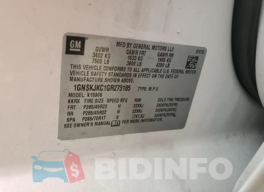 1GNSKJKC1GR273185 Photo# 13