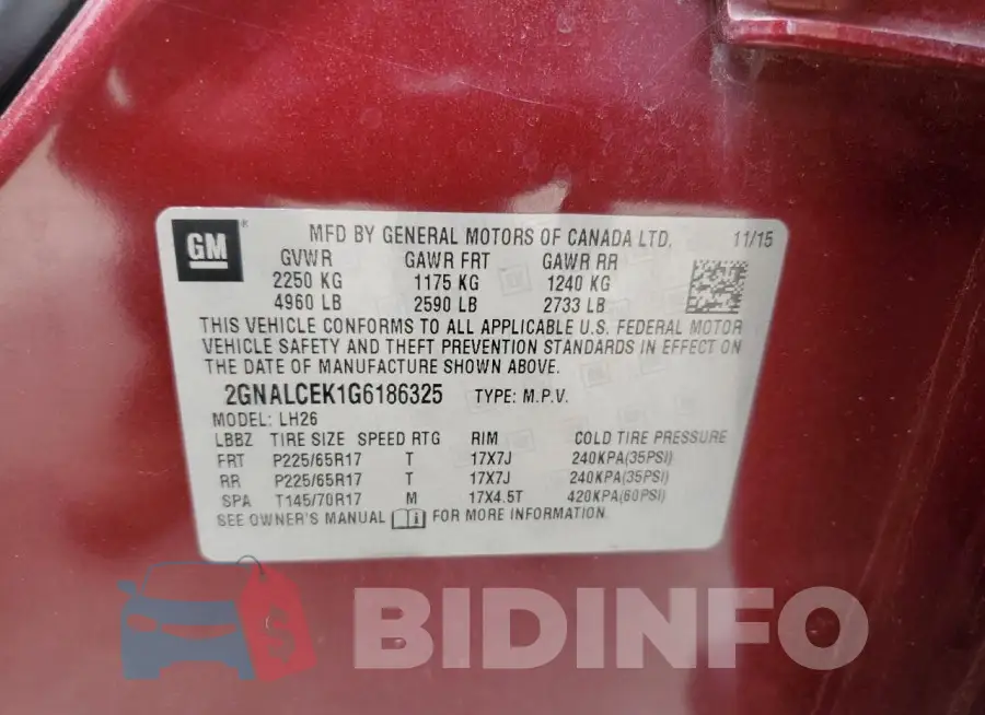 2GNALCEK1G6186325 Photo# 13