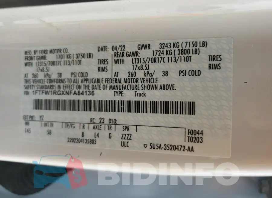 1FTFW1RGXNFA84136 Photo# 13