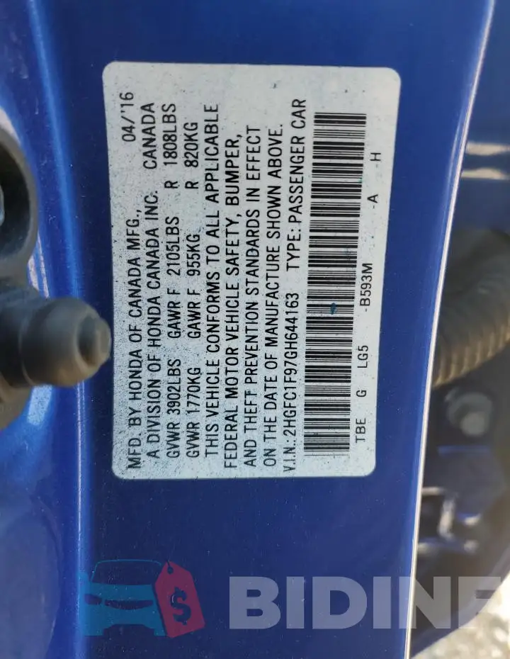 2HGFC1F97GH644163 Photo# 13