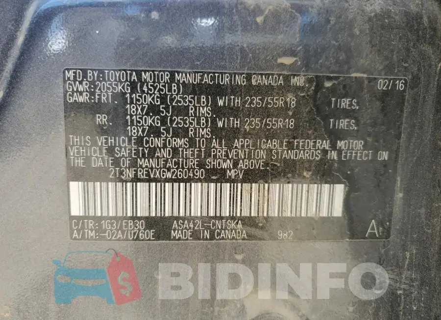 2T3NFREVXGW260490 Photo# 12