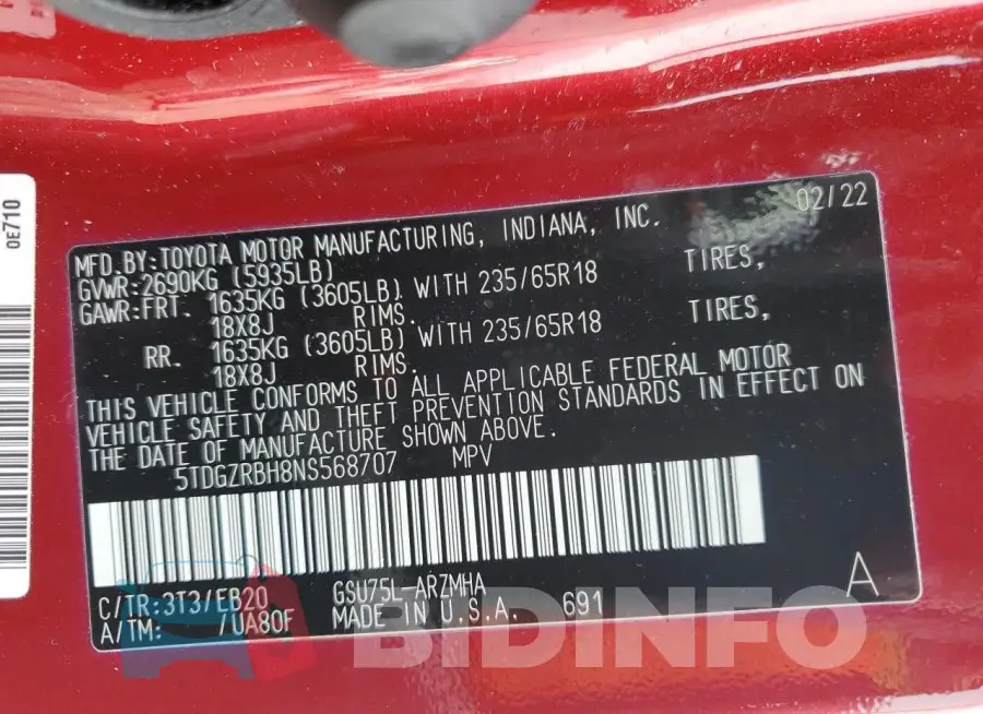 5TDGZRBH8NS568707 Photo# 13