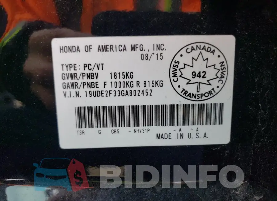 19UDE2F33GA802452 Photo# 12