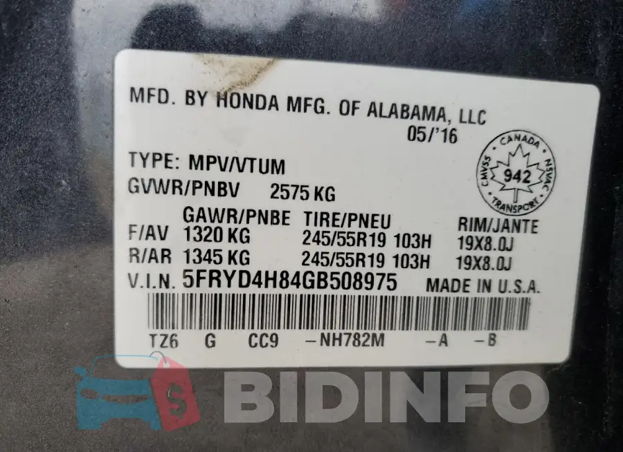 5FRYD4H84GB508975 Photo# 13