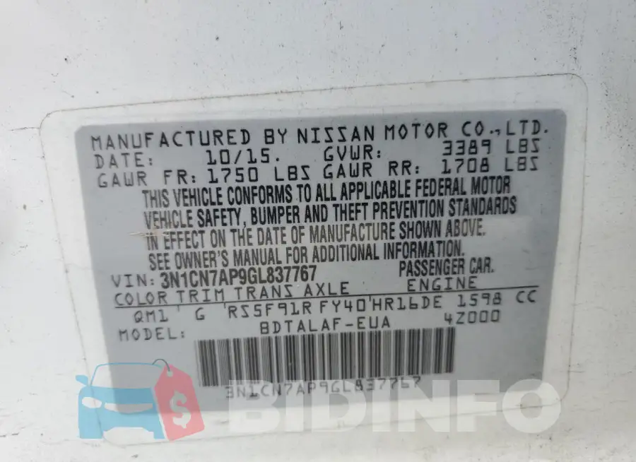 3N1CN7AP9GL837767 Photo# 13