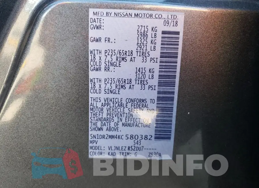 5N1DR2MM4KC580382 Photo# 13