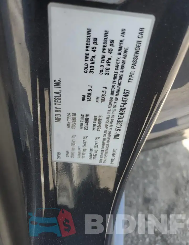 5YJ3E1EA9KF447467 Photo# 13