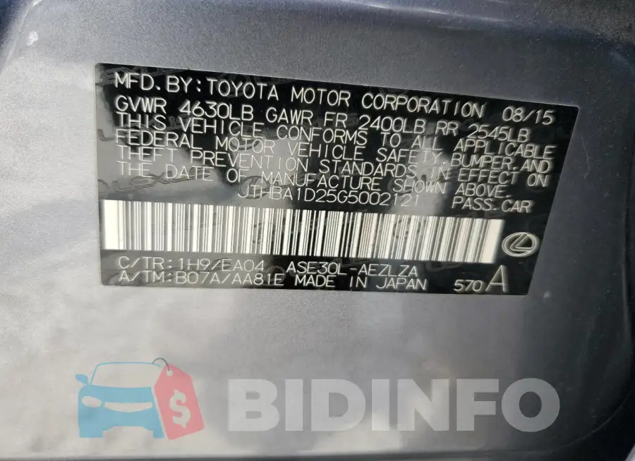 JTHBA1D25G5002121 Photo# 12