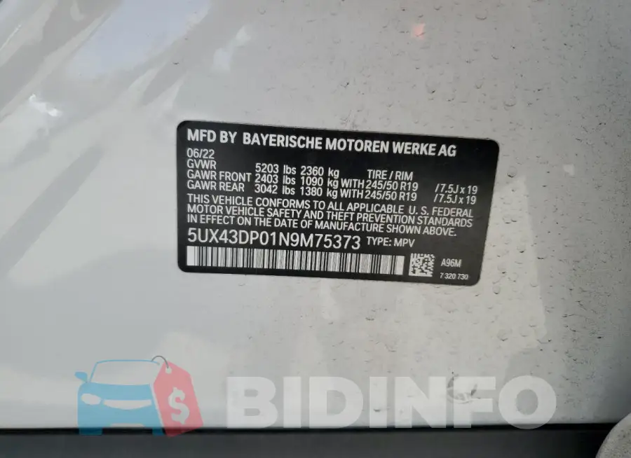 5UX43DP01N9M75373 Photo# 13
